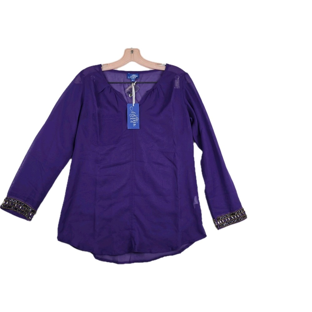 Modern Moda Women's Size Medium Purple Sheer‎ V Neck Button Shirt New